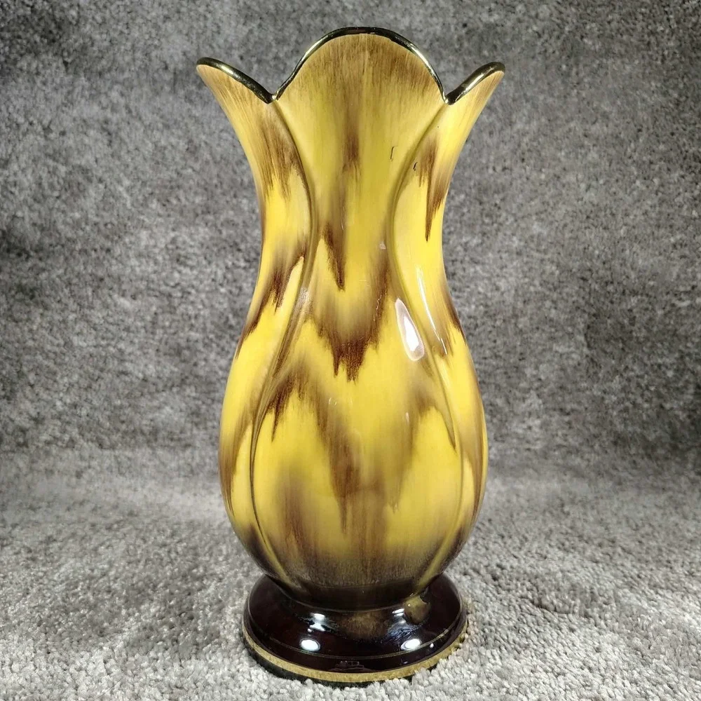 West Germany Vase Yellow Brown Drip Glaze Scalloped Gold Trim 556/21 8.25in